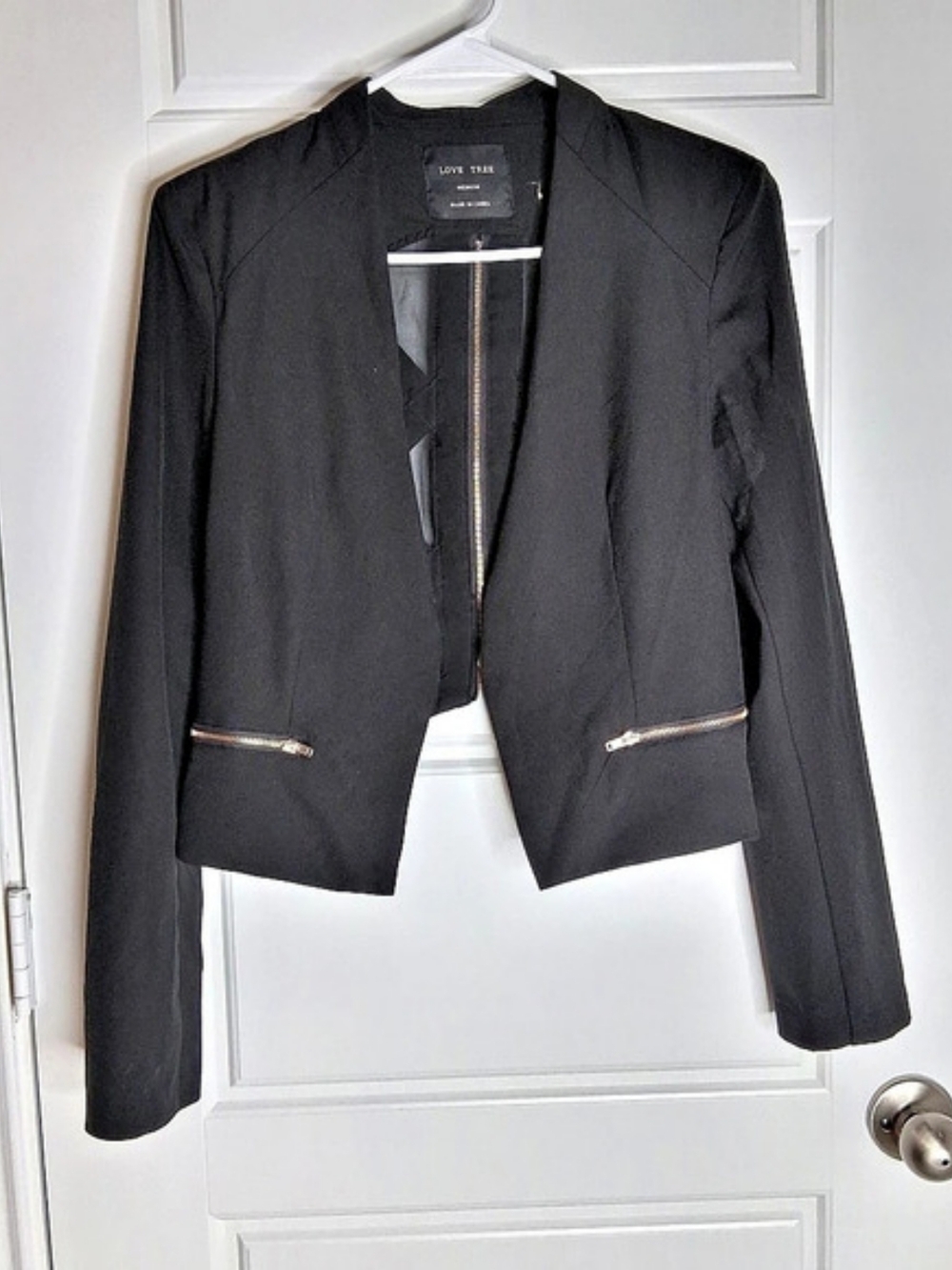 Love Tree Black Knit Cropped Blazer Jacket with Criss Cross Back Black Cropped